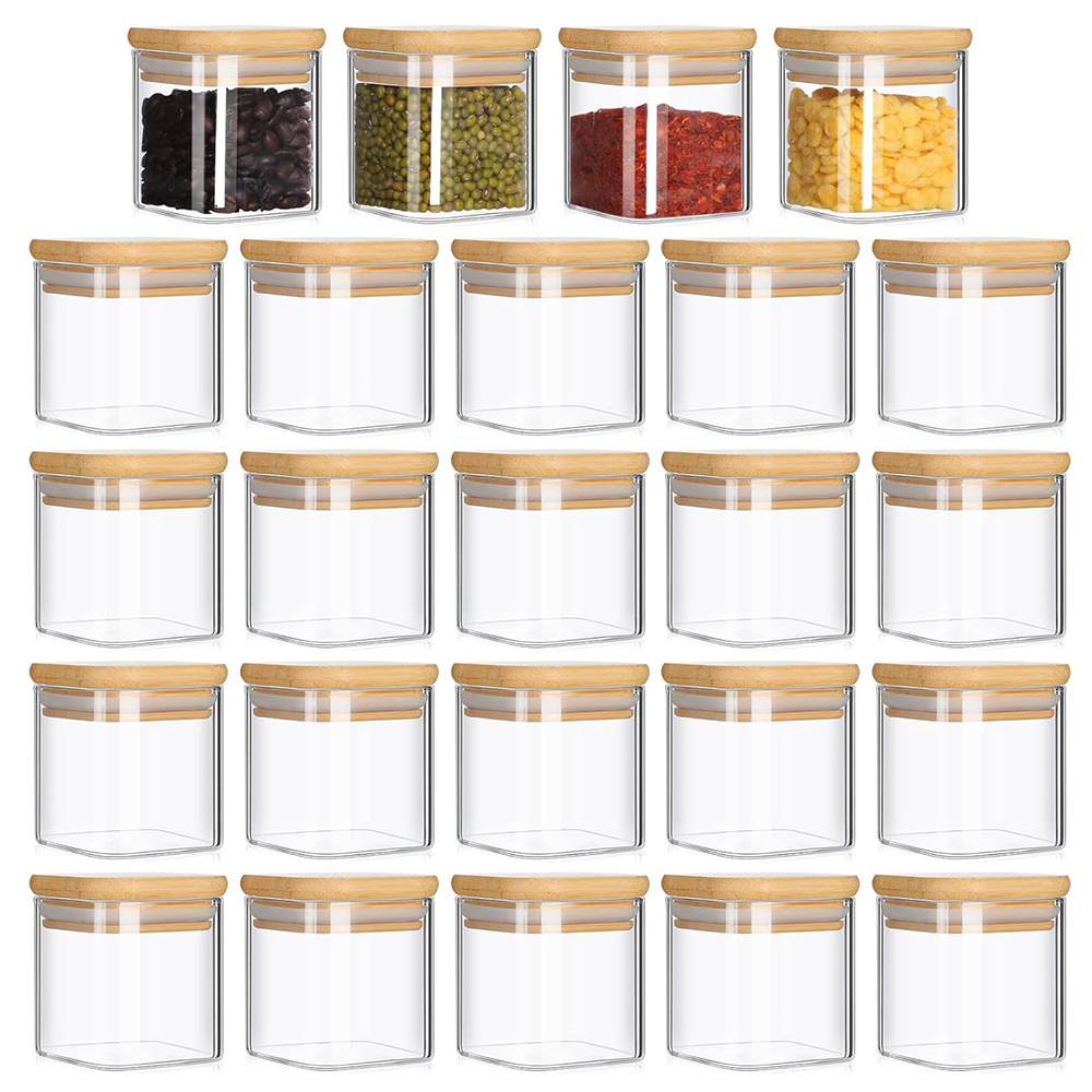 Food Storage Glass Set - ミニマリストのスパイスラベルがセットされたガラス瓶、食品貯蔵容器、四角いキャニスター、4オンス、6パック