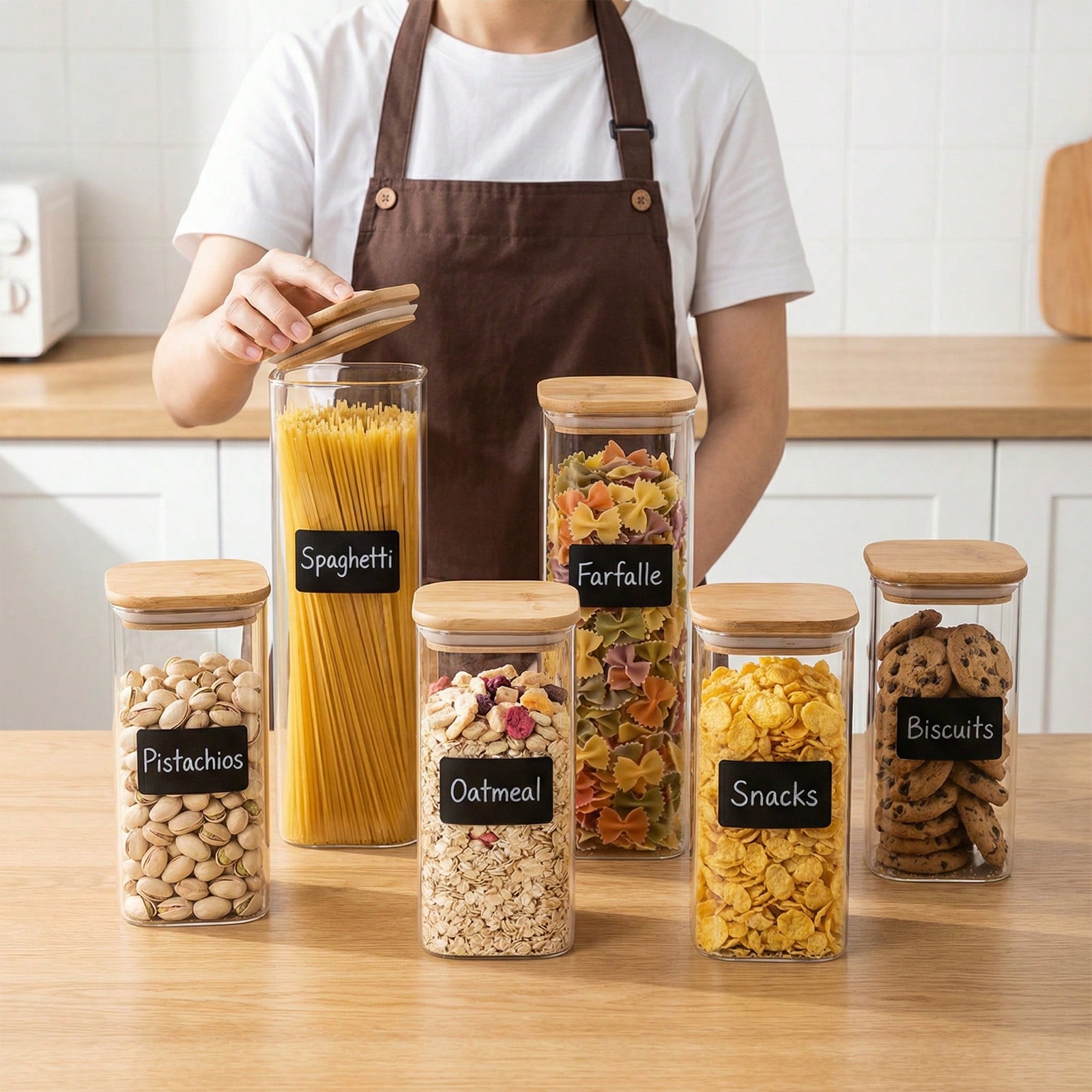 Food Storage In Pantry - 6/12個入りガラス製食品保存容器（蓋付き）、小麦粉、砂糖、ベーキング用品、乾燥食品の保存に適した2種類の容量、キッチンパントリー整理用プラスチック容器、キッチンアクセサリー
