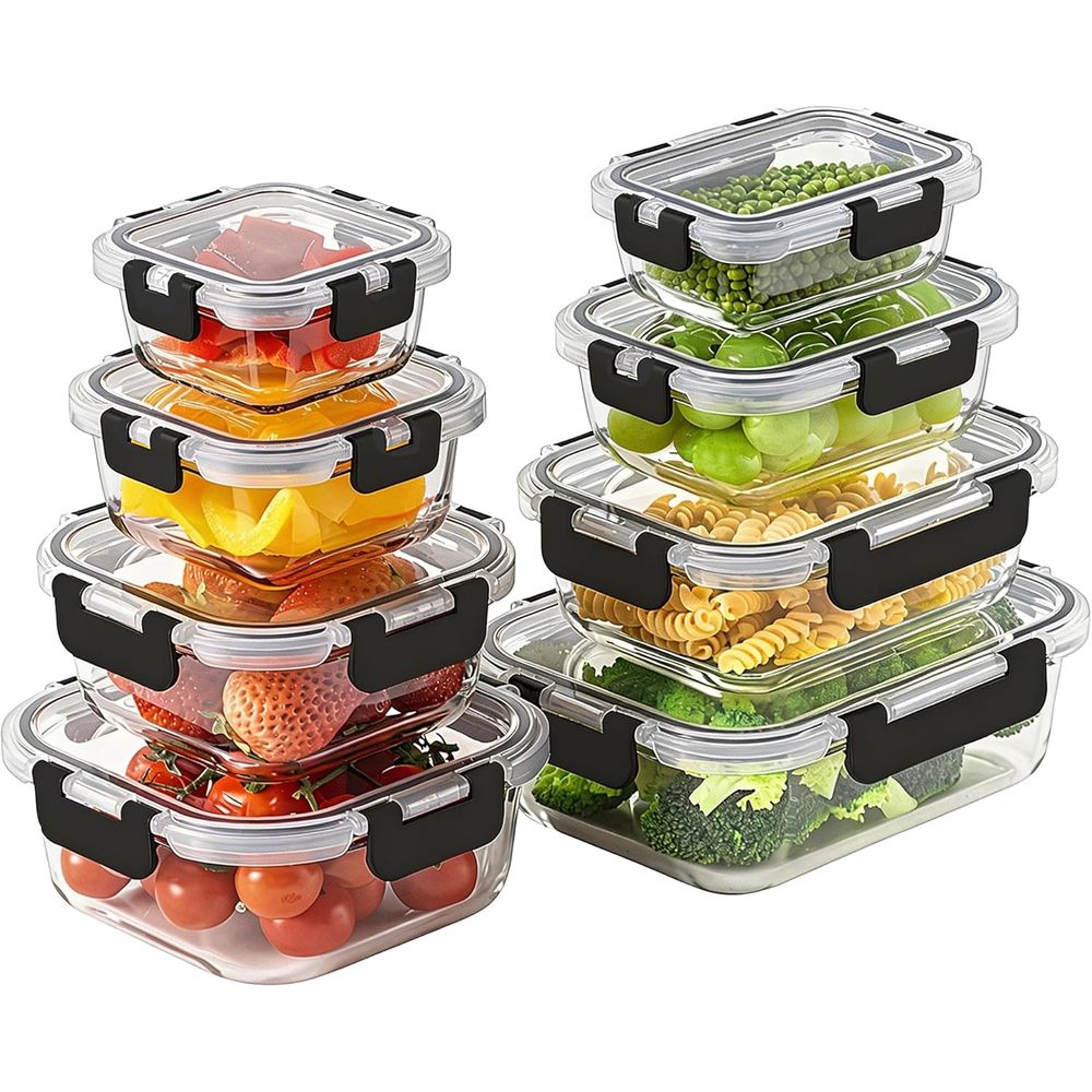 Food Storage Glass Set - 8個入りホウケイ酸ガラス製食品保存容器セット、気密蓋付き、オーブン・食洗機対応、BPAフリー