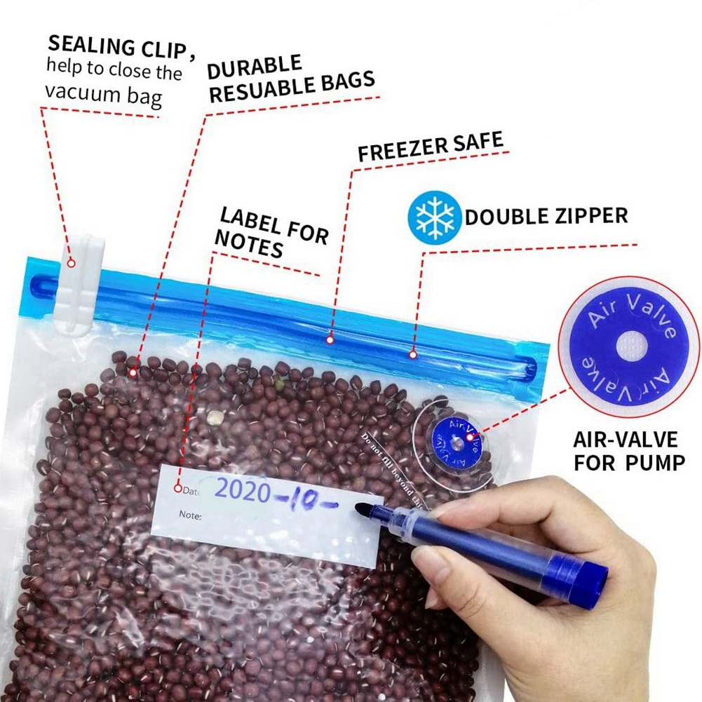 Food Storage Vacuum Pump - HIWS真空調理バッグ20枚セット 再利用可能な電動真空食品保存シーラー 1ハンドポンプ、3サイズの密封バッグ、4つのクリップ付き