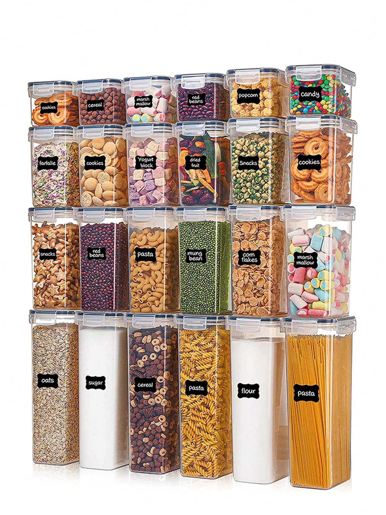 Food Storage In Pantry - 48個の気密食品保存容器、簡単ロック蓋付きの無料プラスチック製スパゲッティ容器、キッチンパントリーの整理と保管用、ラベル付き、家の装飾、パーティーの保管、クリスマスの保管、新年の保管に最適