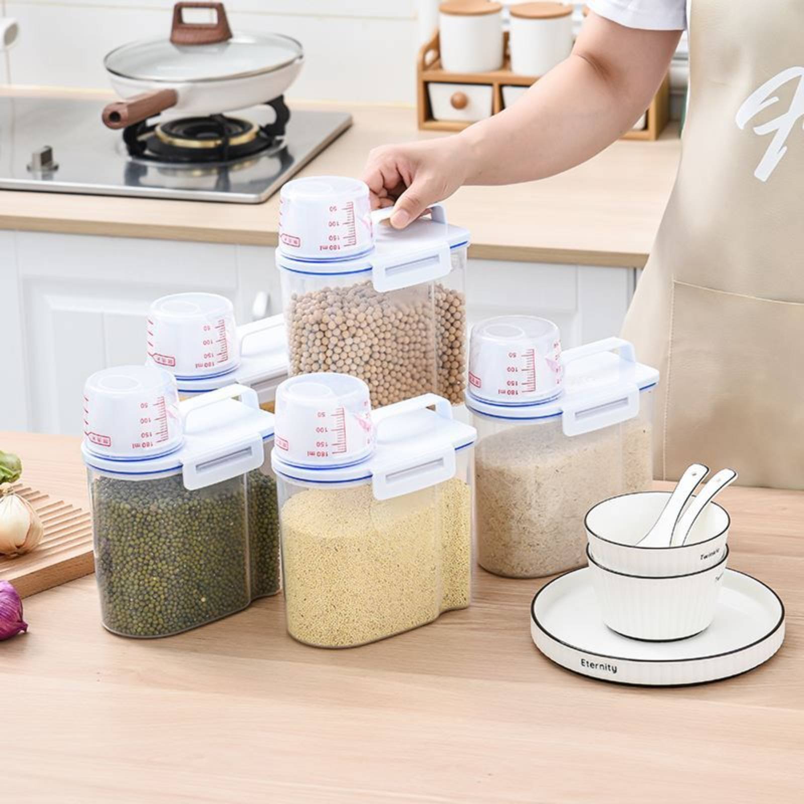Food Storage In Pantry - 米収納容器 安全な米ディスペンサー 計量機能付き ドライフードディスペンサー 簡単注ぎ口 パントリーオーガナイザー