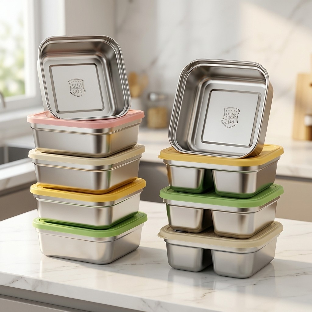 Portion Control Container - 果物野菜保存容器 積み重ね可能 大容量 304ステンレス鋼 冷蔵庫密封鮮度保持ボックス 電子レンジ対応