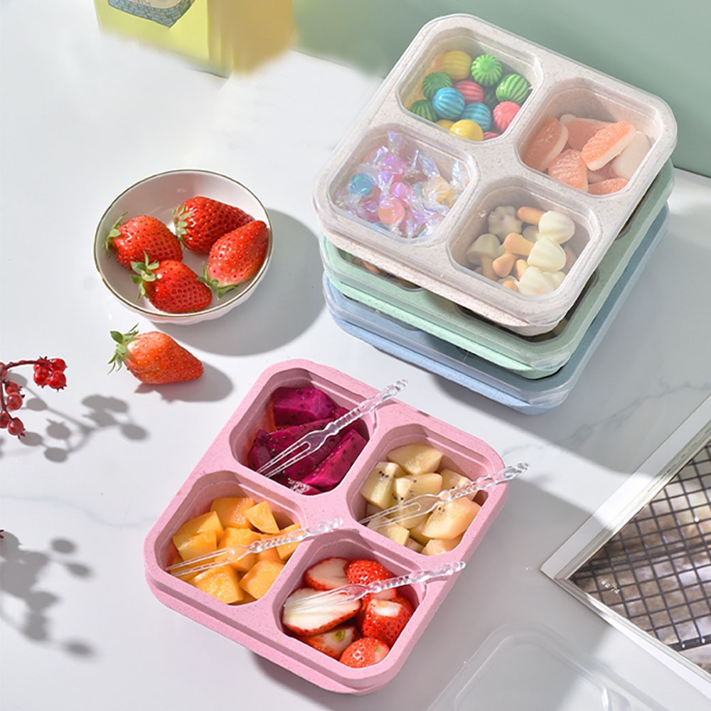 Food Storage Safe - 1個入り 再利用可能な小麦ストロー素材 4仕切り付きフードコンテナ 蓋付きスナックボックス ナッツ、キャンディ、点心、ランチ、食事の準備に