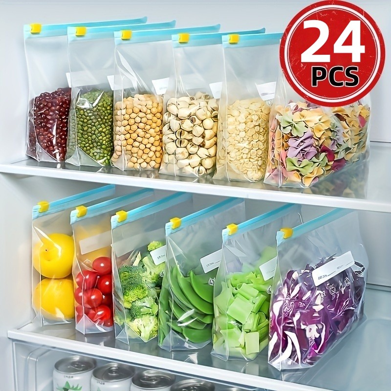 Food Storage Reusable Bags - 24枚入り再利用可能なジップロック食品保存袋、果物、肉、野菜用の漏れ防止冷凍庫用バッグ