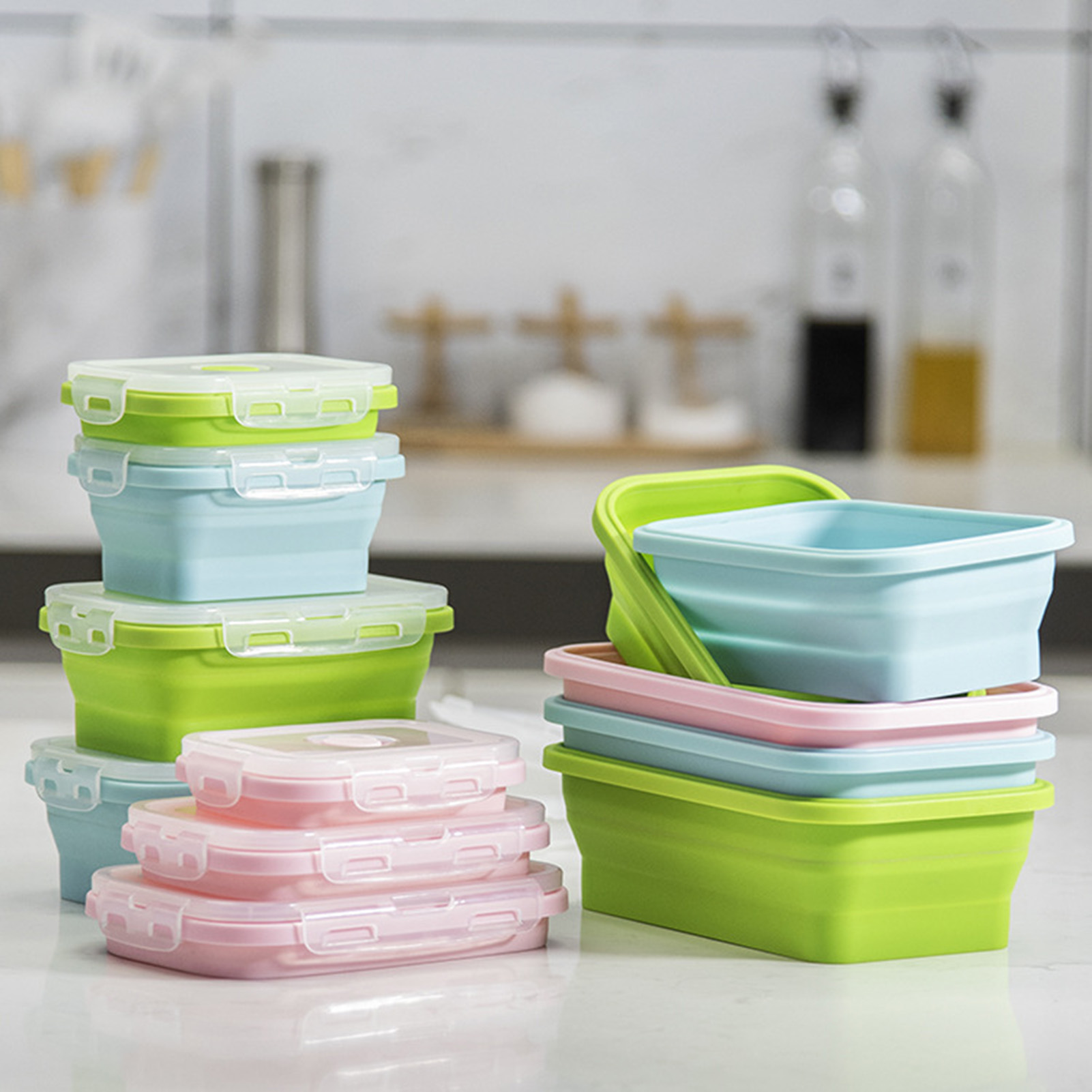 Food Storage Safe - シリコン製ランチボックス 食品グレード 折りたたみ式容器 電子レンジ対応 ポータブル弁当箱 オフィス