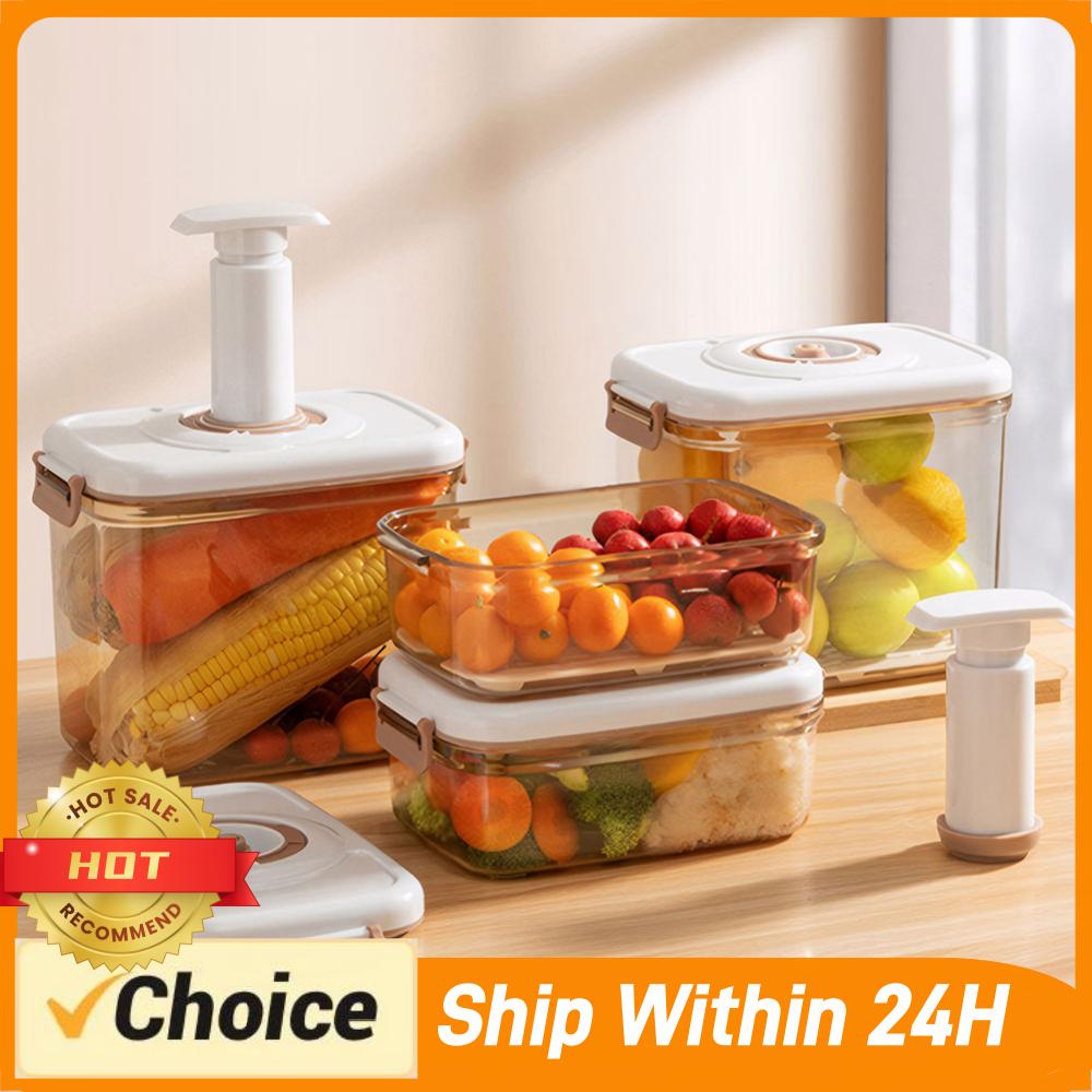 Food Storage Vacuum Pump - 真空ポンプ付き真空食品保存容器、取り外し可能な排水プレート付きキッチン収納ボックス、果物、野菜、パン、スナック用