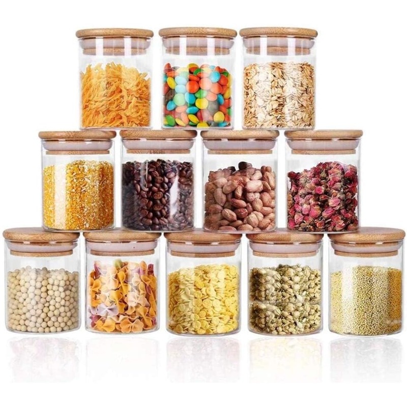 Food Storage Glass Set - 竹製の密閉蓋とラベル付きガラス瓶12個セット、食品シリアル保存用大型スパイス容器、キッチン用塩砂糖穀物用