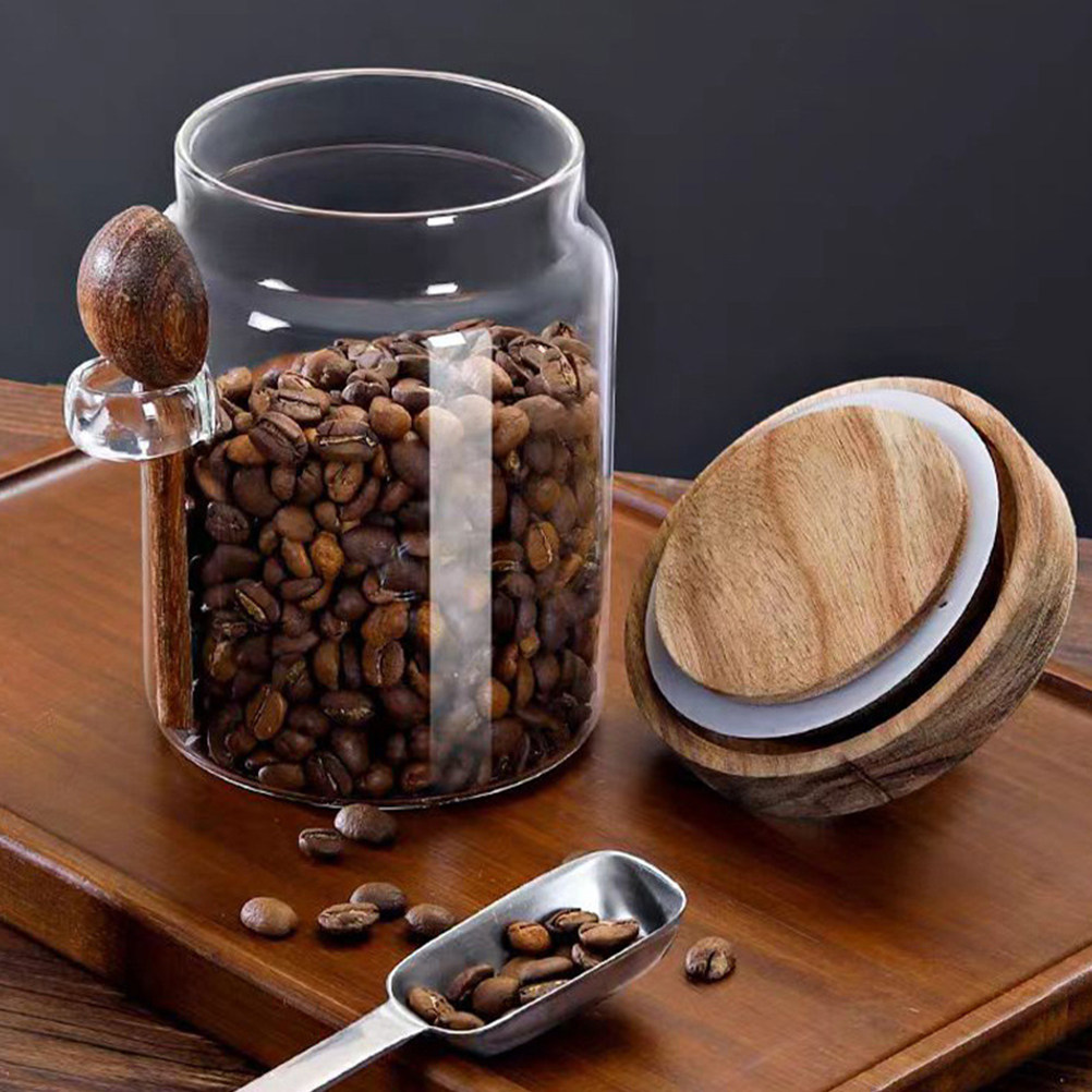 Food Storage In Pantry - 透明ガラス製食品保存容器、気密性のある木製蓋付き、コーヒー容器、茶葉保存瓶、穀物保存瓶、キッチンパントリー用