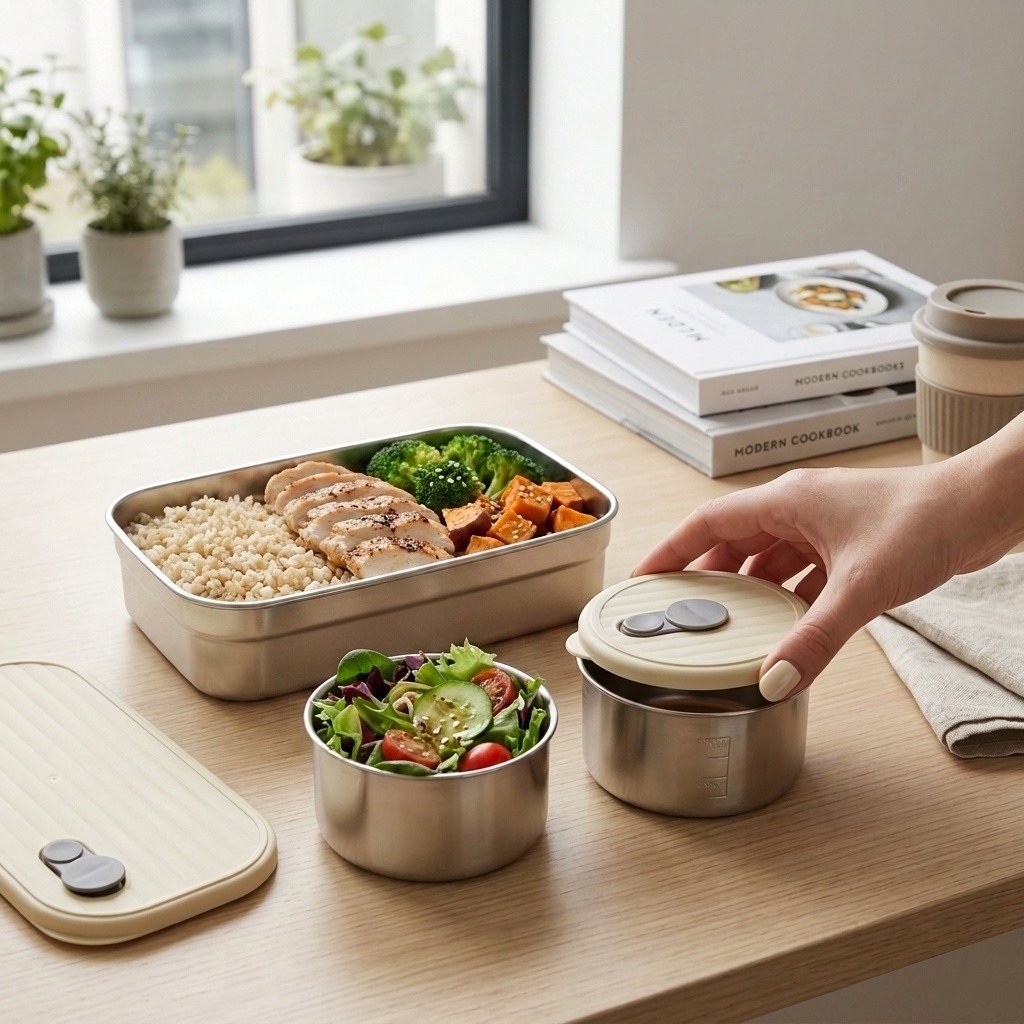 Food Storage Safe - 電子レンジ対応 304ステンレス製弁当箱セット 3コンパートメント 食品保存容器 大人・子供用ランチボックス