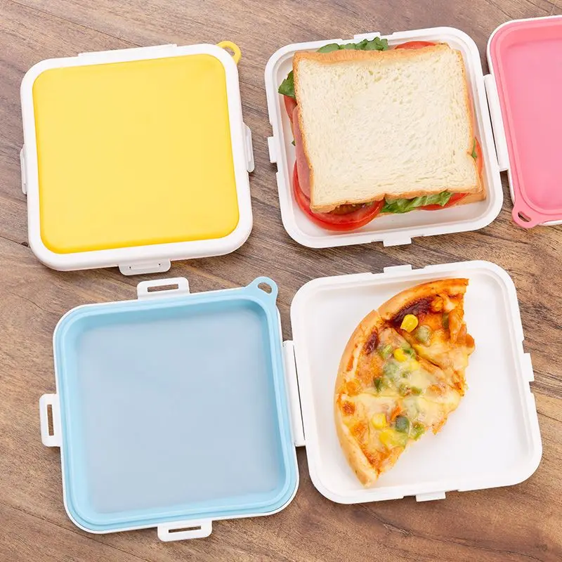 Food Storage Reusable Bags - 1個入りポータブルサンドイッチクリスパートースト収納ボックス、シリコン製再利用可能電子レンジ対応ランチボックス、吊り下げ式ランチフードコンテナ