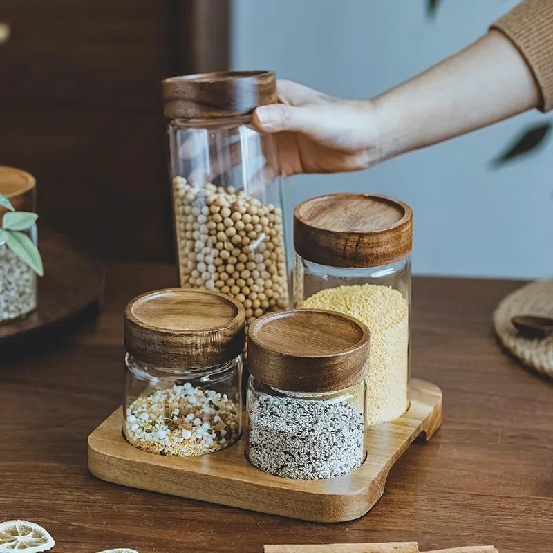 Food Storage Glass Set - 木製蓋付きガラスジャー,気密キャニスター,密閉フード容器,ベースセット付きディスペンサー,キッチンオーガナイザー