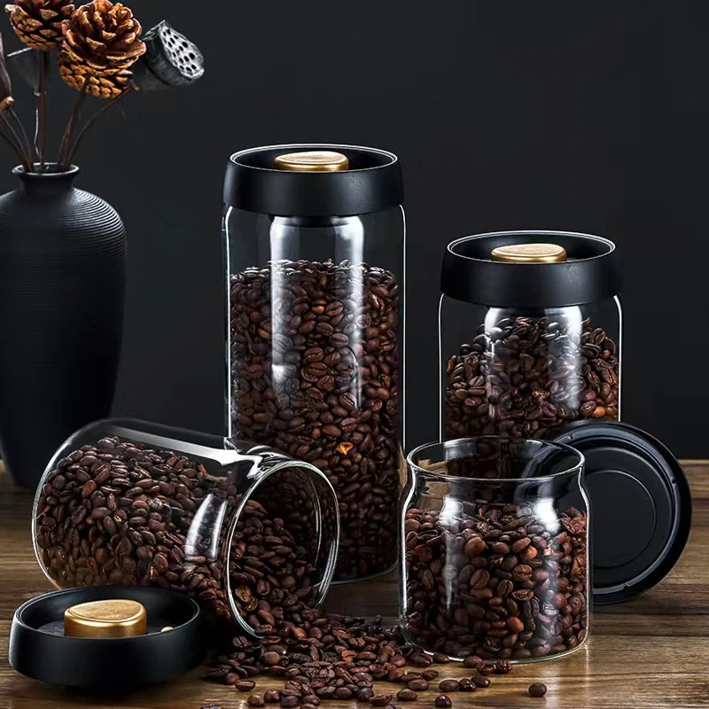 Food Storage Glass Set - コーヒー豆真空密封瓶、透明ガラス食品保存瓶、家庭用防湿・密封容器