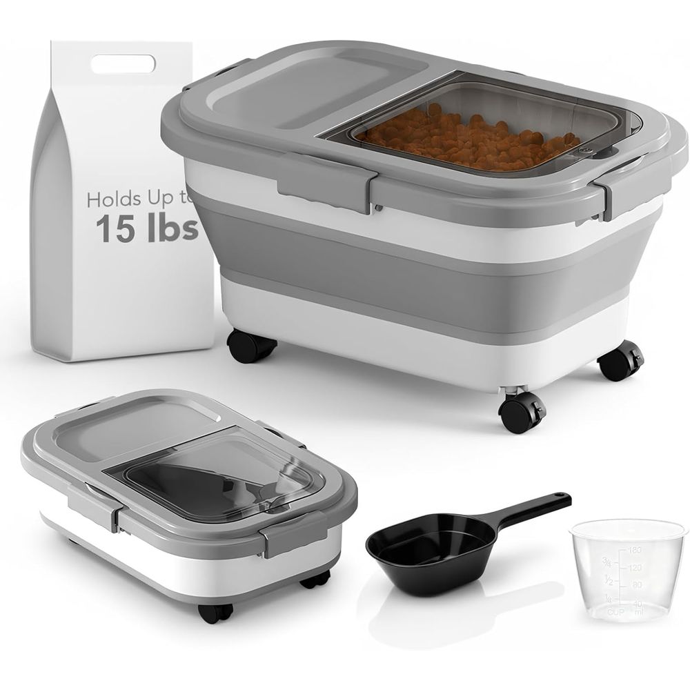 Food Storage Dog - 15ポンドの犬/猫用フード収納容器、折りたたみ式フード収納容器（回転ホイール付き、気密ロック式蓋付き）、ペットフード収納