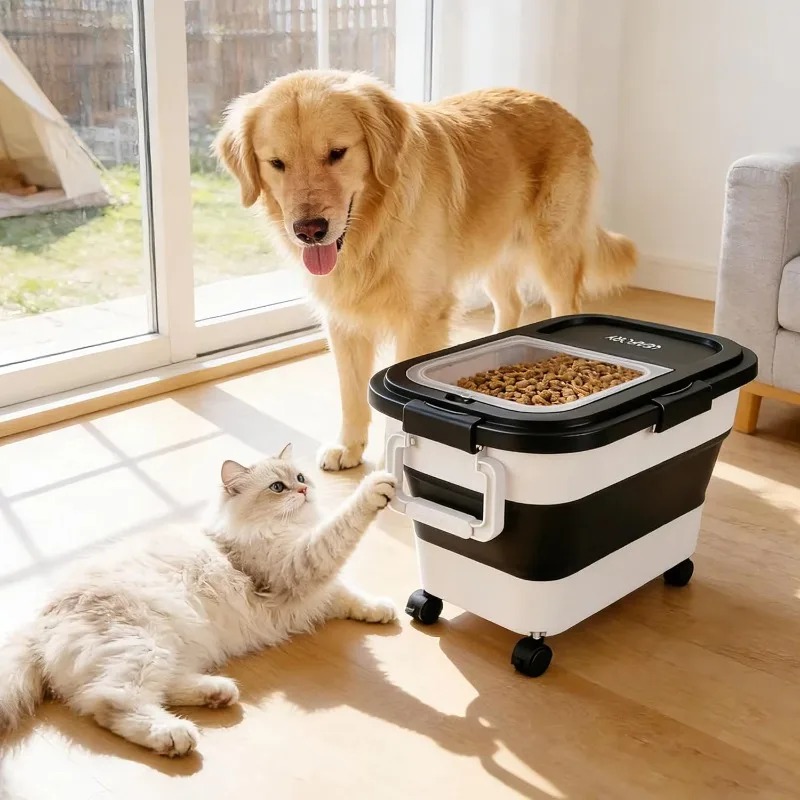 Food Storage Dog - 犬用フード保存容器 20～25ポンド、気密ペットフードビン、ロック式蓋付き、折りたたみ式、キャスター付き収納容器