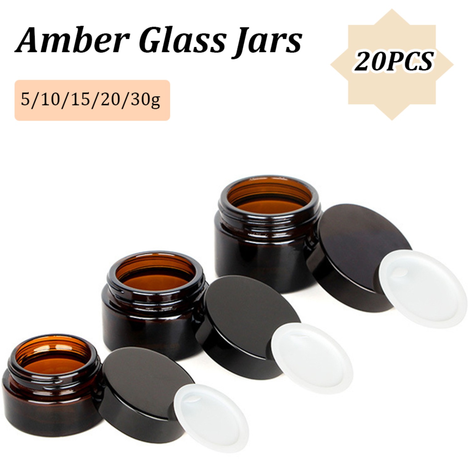 Food Storage Glass Set - 20 個の小さな琥珀色のガラス瓶、黒い蓋付き 5/10/15/20/30 グラムの空の丸い瓶、クリームローションキャンドルパウダー用のインナーライナー付き