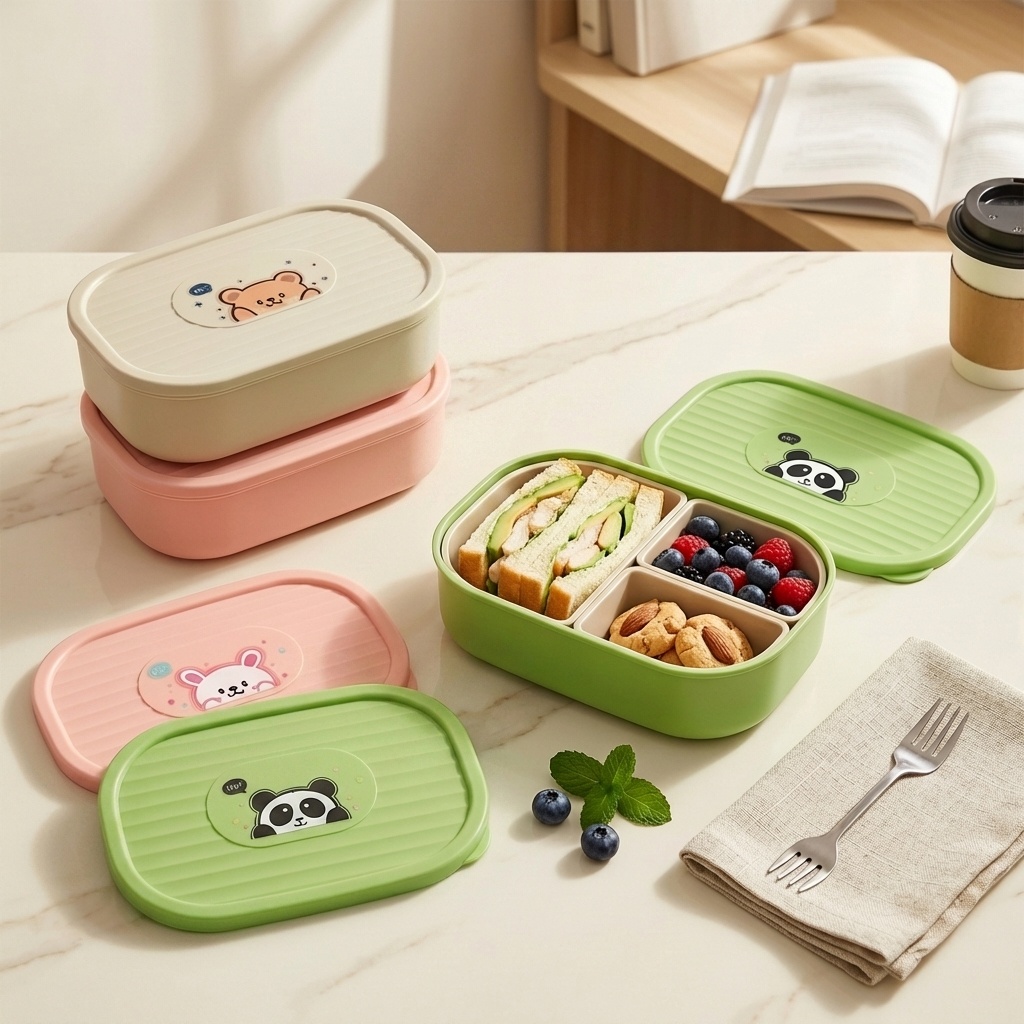 Food Storage Safe - かわいいプラスチック製の分割ランチボックス子供学生用ポータブル密封された取り外し可能な3グリッドフルーツサラダ食品容器電子レンジ対応
