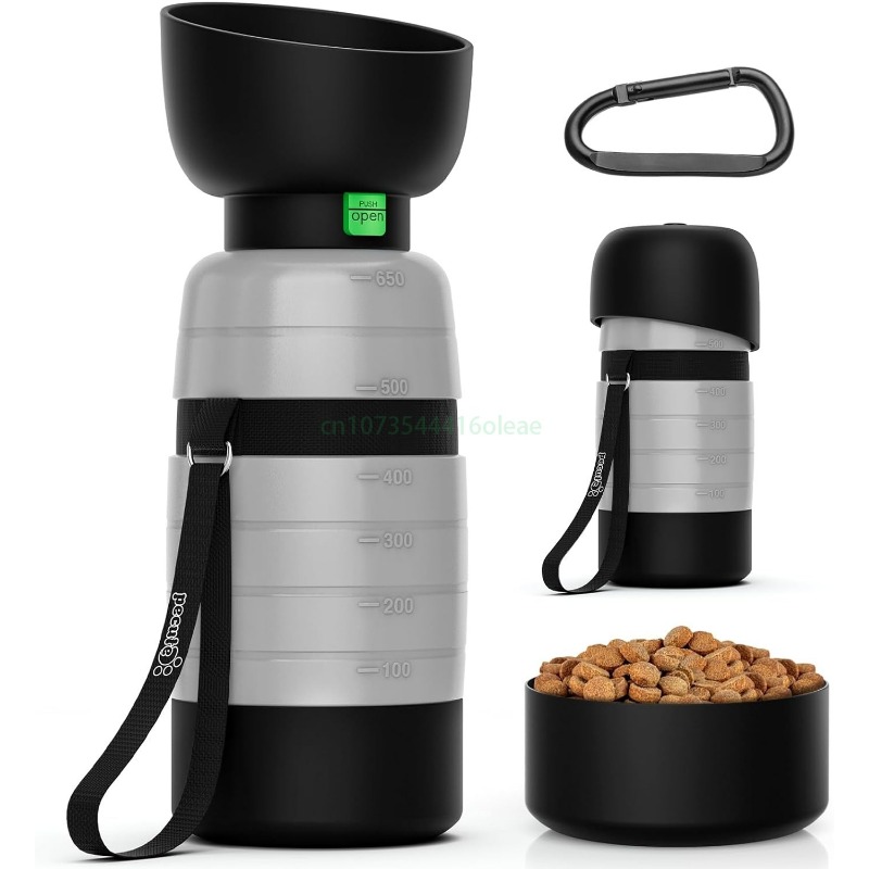 Portion Control Container - 650ML犬用ウォーターボトル（150mlフードコンテナ付き）、犬用旅行用ウォーターボトルディスペンサー、屋外散歩、ハイキング、キャンプ用ペットボウル