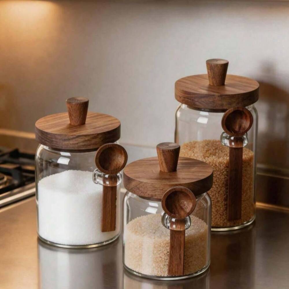 3個セット 透明ガラス瓶 木製蓋とお揃いのスプーン付き 密閉 - Food Storage Glass Set のレビューと価格