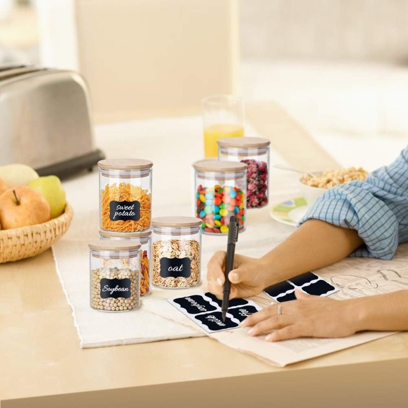 竹製の密閉蓋とラベル付きガラス瓶12個セット、食品シリアル保 - Food Storage Glass Set のレビューと価格