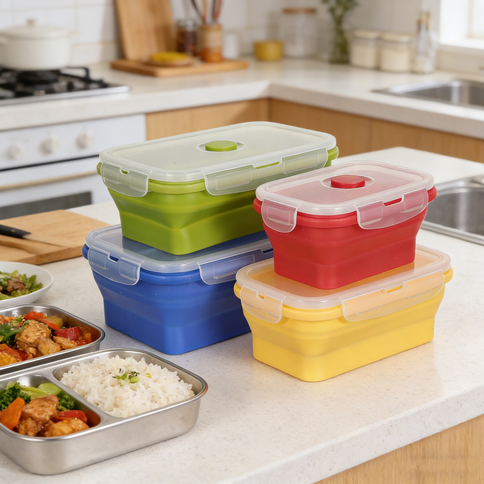 4個セット 折りたたみ式シリコン製ランチボックス 携帯用食品 - Food Storage Safe のレビューと価格